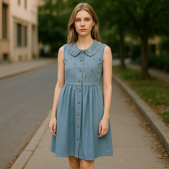 Vintage Jane Ashley Blue Denim Jumper  Sundress with Peter Pan Collar - Picture 2 of 16